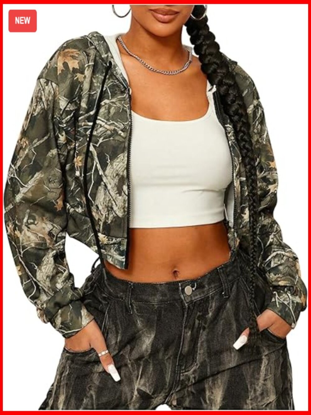 Cropped Zip Up Hoodie Camo Streetwear Sweatshirt Vintage